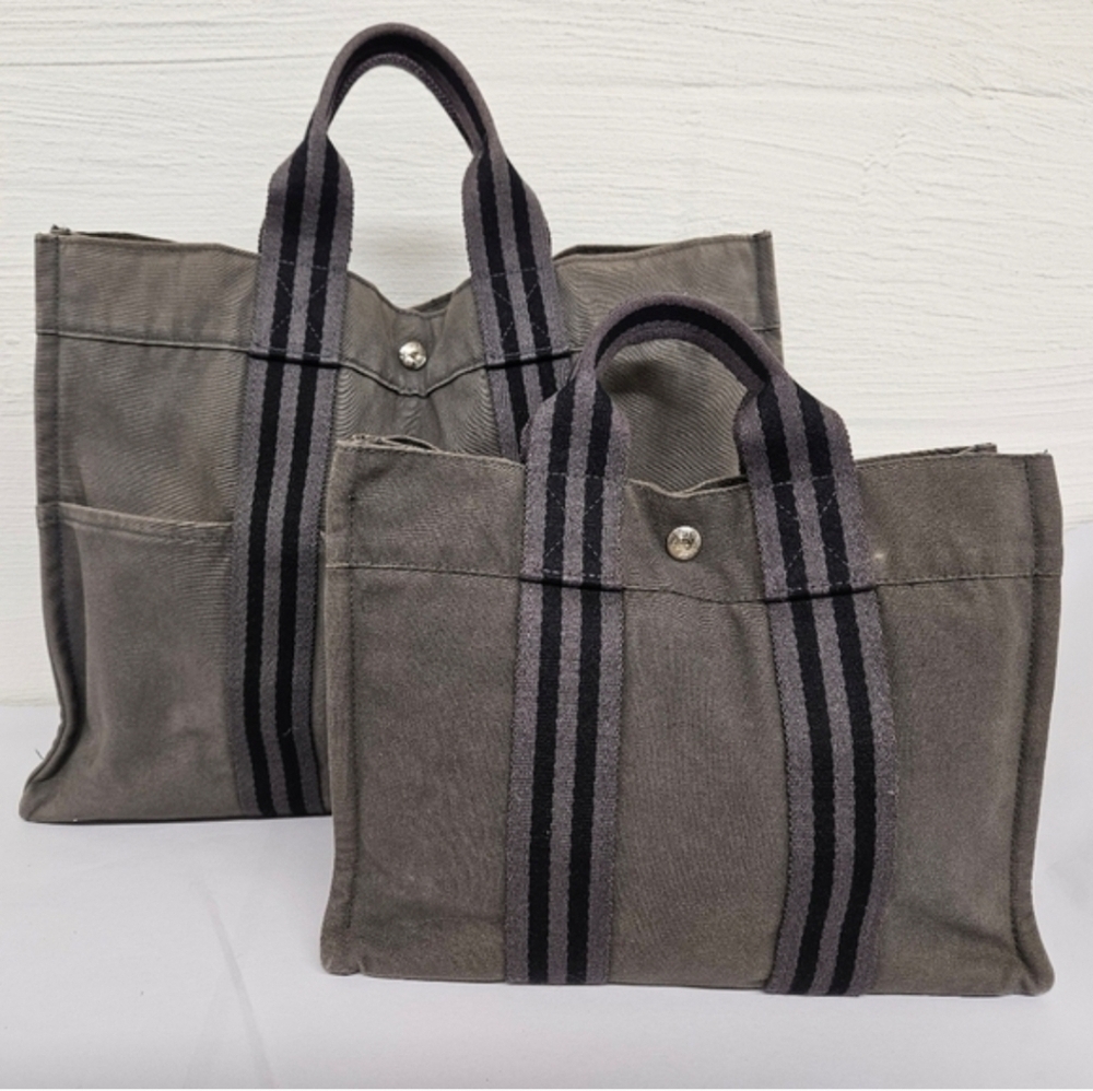 Hermes Canvas Fourre Tout Holdall MM and GM Tote Bag Set in Gray and Black - Picture 17 of 17